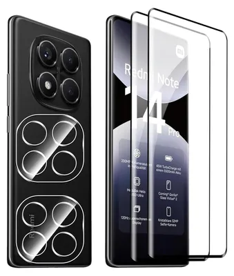 A product shot showing a smartphone with screen protectors and camera lens protectors.