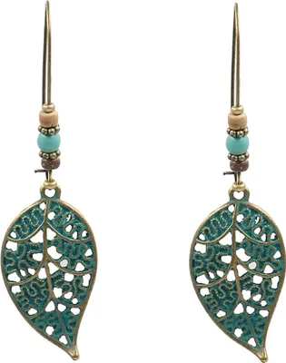 Produktbild von Retro Hohlblatt Anhänger Faux Türkis Perlen Ohrringe Damen Statement Schmuck-Cyan