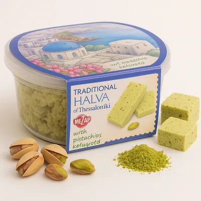 Produktbild von Griechische Halva mit Pistazien 250 g – Traditionelle Süßspeise aus Thessaloniki