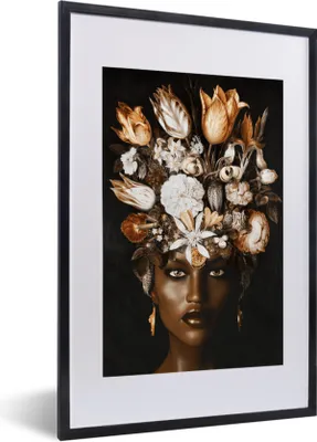 Produktbild von MuchoWow® MuchoWow® Gerahmtes Poster Frau - Blumen - Schwarz 40x60 cm - Poster mit zchwarzem Bilderrahmen - Poster in Rahmen