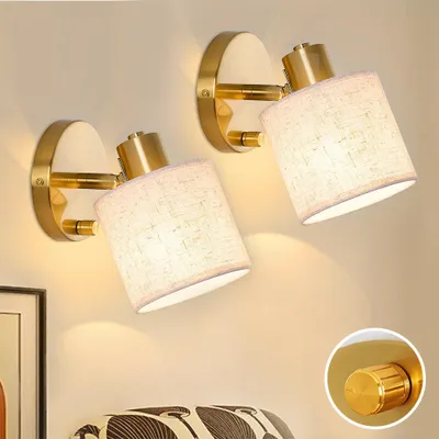 Produktbild von 2x Stoff Wandlampe mit Schalter Gold Dimmbar Wandleuchten Innen E27 Modern mit Lampenschirm LED Wandbeleuchtung für Wohnzimmer Schlafzimmer Flur