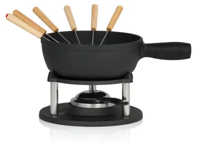 Zdjęcie produktu dla BBQ-Toro 9-częściowy żeliwny zestaw do fondue dla 6 osób, 2 litry, zestaw do fondue z palnikiem i widelcami