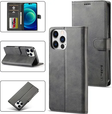 A collage of images showing an iPhone 14 Pro Max wallet case from different angles and in use.