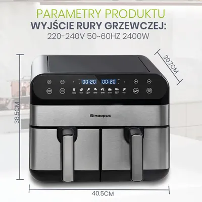 Immagine prodotto di Friggitrice ad aria - Doppia cesta - 10 litri - 2400 W - Senza olio - Display touch LED - 220–240 V