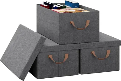 Produktbild von 3er-Set Aufbewahrungsboxen mit Deckel und Griffen, faltbar | Grau | 48x29x20 cm