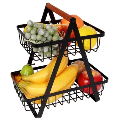 Zdjęcie produktu dla Vilde metalowy kosz na owoce i warzywa | kosz do przechowywania | 2-poziomowy kosz na owoce | styl LOFT, czarny, przemysłowy 27x17,5x29 cm