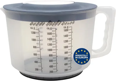 Produktbild von mucHome 3in1 Messbecher 2L Rührbecher mit Spritzschutz, Verschlussdeckel und Ausgießer - mit gummierter Boden zum Kochen (Blau)