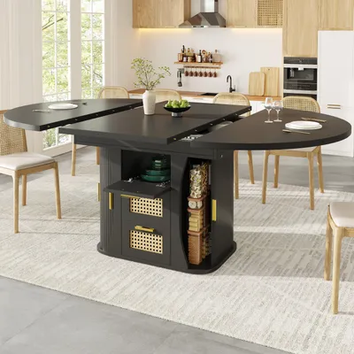 Produktbild von STILVORA Esstisch ausziehbar 118–158 cm mit Stauraum und Rattan-Schubladen, Küchentisch in Holzoptik, Esstisch Schwarz aus MDF