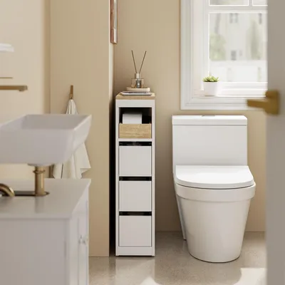 Image de Armoire de salle de bain étroite - Blanche - 60x20x82,3 cm - Bois - Design moderne - Étagère de rangement
