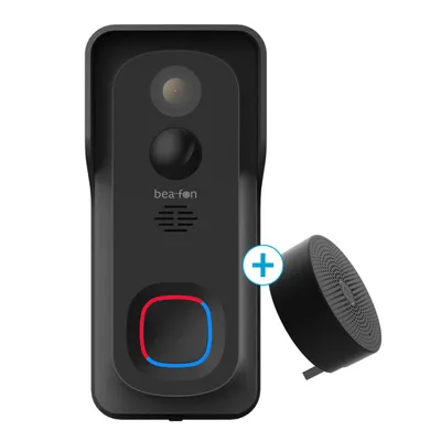 A black smart doorbell and an external chime are shown against a white background.