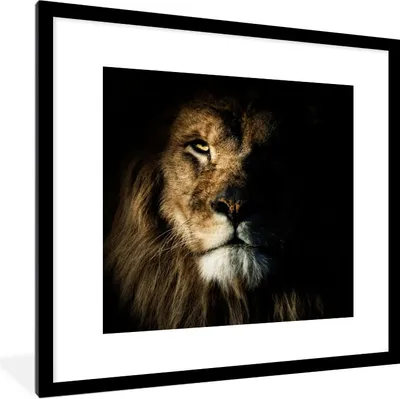 Produktbild von MuchoWow® Gerahmtes Poster Löwe - Licht - Porträt 40x40 cm - Poster mit Schwarzem Bilderrahmen Wandposter Rahmen Foto Bilder - Poster - Plakat im Rahmen