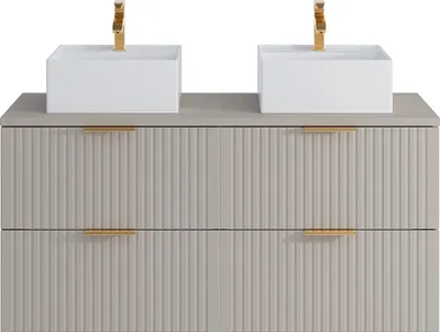 Produktbild von Waschbeckenunterschrank hängend mit Doppelaufsatzwaschbecken quadratisch - Streifenoptik - Beige - 120 cm - ZEVARA