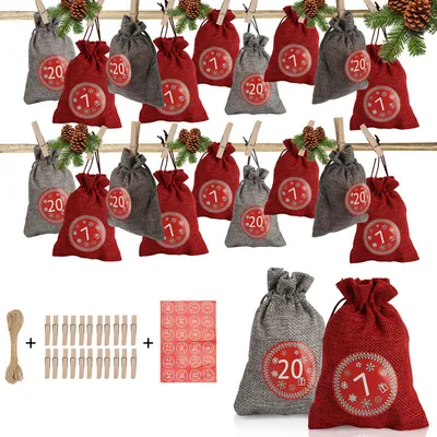 Immagine prodotto di Jopassy calendario dell'avvento da riempire calendario dell'avvento riempire sacchetto regalo per Natale Natale sacco decorazione 24 sacchetti di tessuto (2 colori)