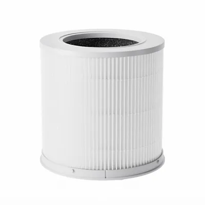 A white cylindrical air filter with pleated sides and a black mesh top, isolated on a white background.