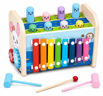 Obrázek produktu pro Solidchoice – Dřevěná hračka Montessori 4 v 1 s xylofonem a kladívkem, vhodná pro děti ve věku 3–5 let