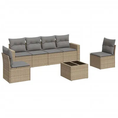 Produktbild von vidaXL 7-tlg. Garten-Sofagarnitur mit Kissen Beige Poly Rattan