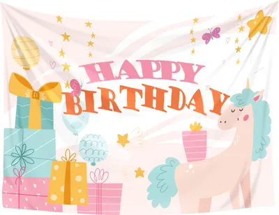 Obrázok produktu pre Tapiséria s nápisom "Happy Birthday" | nástenná fototapeta na narodeninové oslavy | dekorácia na detské narodeniny | jednorožec | 145x200cm