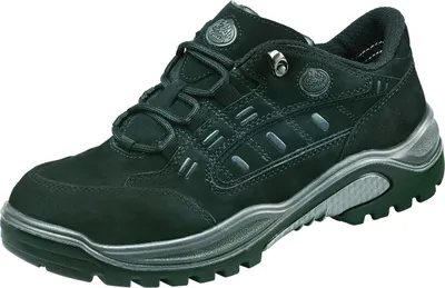 A black and gray work shoe is shown against a white background.