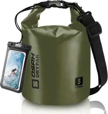 Obrázok produktu pre Vodotesný vak 5 l, s ramenným popruhom a puzdrom na telefón, olivovo zelený, pre outdoor
