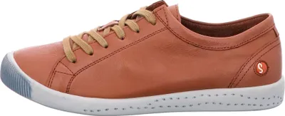 Side view of a brown leather sneaker.