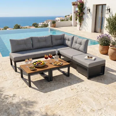 Produktbild von LVHOM Gartenlounge Set mit Liegefunktion, Gartenmöbel Set mit Stauraum, L-Form Outdoor Sofa aus Metall, Ecklounge mit Kissen und Couchtische, Grau