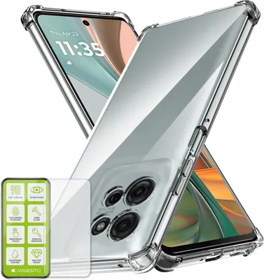 Two transparent phone cases are shown, one in the foreground and one in the background, with a screen protector in the lower left corner.
