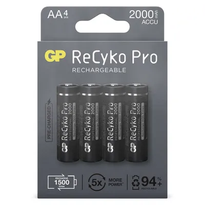 Zdjęcie produktu dla GP Batteries ReCyko Pro, Bateria do ponownego naładowania, AA, Niklowo-metalowo-wodorkowa (NiMH), 1,2 V, 4 szt., 2000 mAh