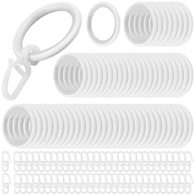 Image de 60 anneaux à rideaux métalliques de 30 mm avec crochets, 60 anneaux à rideaux blancs et 60 crochets à rideaux en plastique, anneaux à rideaux d'un diamètre intérieur de 27 mm avec clips pour rideaux de douche et rideaux de fenêtre