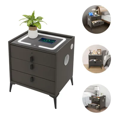 A modern gray nightstand with a glowing white light on top, a plant in a pot, and a phone charging wirelessly. The image also includes smaller circular inset images showing the nightstand in different bedroom settings.