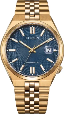 A close-up studio shot of a gold and blue Citizen automatic watch.