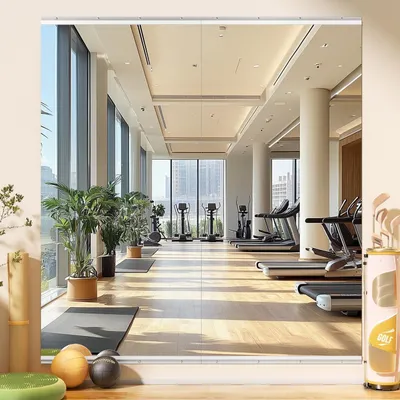 Image de Miroir mural pleine longueur, dimensions 210x100 cm, 2 pièces, en verre trempé, idéal pour une salle de sport ou une salle de yoga