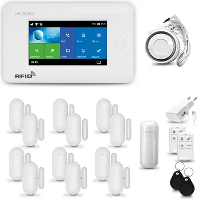 Produktbild von HUXGO HXA006 Alarmanlage Haus WiFi + GSM 4G LTE mit Sirene, Alarm System mit 1x Bewegungssensor und 12x Tür- Fenstersensor, Alarmanlage für Wohnung, Haus, Garage, Tuya Smartlife App