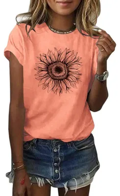 Produktbild von Damen-T-Shirts, Kurzarm-Shirts mit Sonnenblumenmotiv, lockere Sommertops,Größe:L
