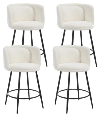 Image de Ensemble de 4 tabourets de bar, revêtus en velours, structure en métal, avec dossier et repose-pieds, de couleur blanche