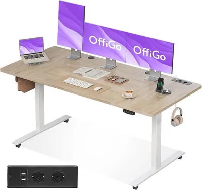 Zdjęcie produktu dla Biurko elektryczne OffiGo 160 cm z regulacją wysokości, USB i funkcją pamięci Beżowy