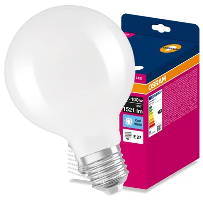 Produktbild von LED-Lampe E27, Kugelform, 11W = 100W, 1521lm, 4000K (neutralweiß), 300° Abstrahlwinkel, Filament-Design, Marke: Osram, KI-generiertes Bild