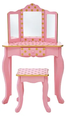 Produktbild von Teamson Kids Little Princess Gisele 2-tlg. Fashion mit gepunkteten Motiven Waschtisch-Set mit Dreifachspiegel, passendem Hocker und Aufbewahrungsschublade, Rosa/Gold