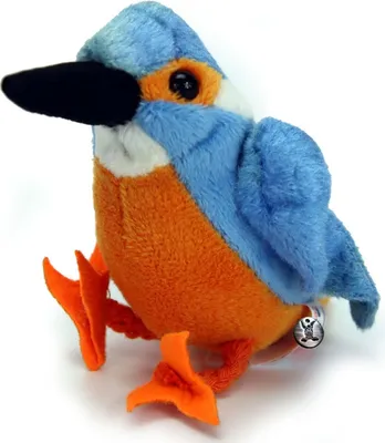 A plush toy kingfisher bird is shown against a white background.