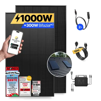 Produktbild von Balkonkraftwerk 1000W Solaranlage mit Ziegeldach Halterung (Einzelmont.) Steckerfertig Komplettset Photovoltaik Anlage 800W, Kabellänge: 10m, Solakon