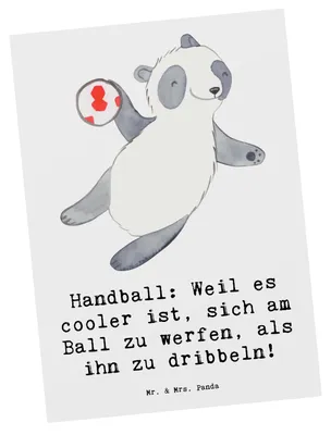 Produktbild von Mr. & Mrs. Panda Postkarte Handball Action - Weiß - Geschenk, Grußkarte, Sport, Teamsport, Sportart, Sportler, bildkarte, Postkarten, Ansichtskarte, Intensität, Taktik