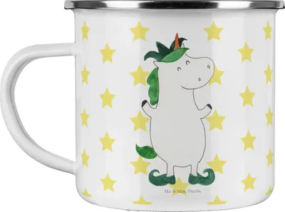 Produktbild von Mr. & Mrs. Panda Teebecher Einhorn Joker - Weiß - Geschenk, Einhörner, Unicorn, Emaille Tasse, Mittelalter, Motivtasse, Kasper, Teetasse, Kaffeepott, Gaukler