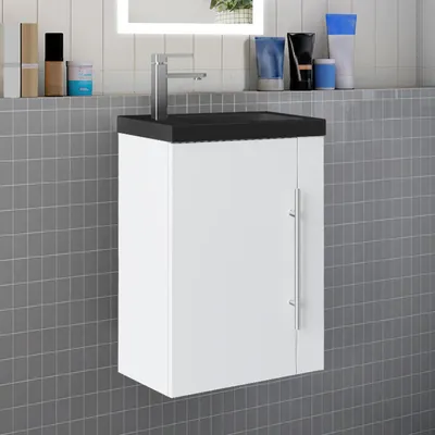 Produktbild von Badmöbel 45cm Schwarz Waschtisch mit Unterschrank Matt Weiß Hängeschrank Badschrank Kleine Badezimmerschränke