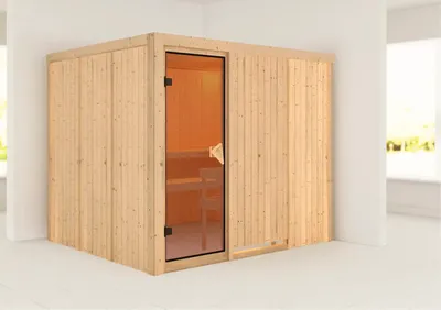 Produktbild von Elementsauna Karibu Gobina ohne Ofen und Dachkranz mit bronzierter Ganzglastüre