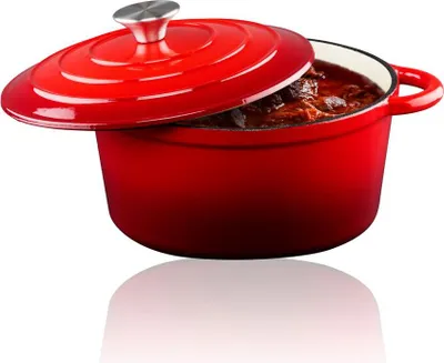 Produktbild von alpina Bratpfanne aus Gusseisen mit Deckel Pfanne ⌀ 24 cm - Für alle Wärmequellen - Rot