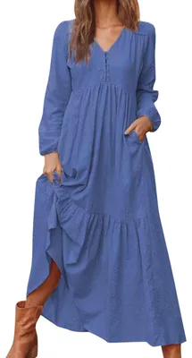 Image de Robe longue en lin pour femmes - Décolleté en V, modèle maxi, couleur bleu, style décontracté