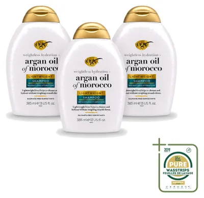 Image de 3 bouteilles de shampooing à l'huile d'argan du Maroc OGX - Format léger - pour une utilisation quotidienne - 385 ml - Pack économique - 3 pièces