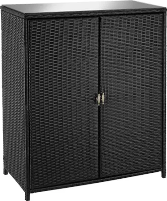 Produktbild von Tectake Gartenschrank Monza, schwarz, 84,5x40,5x103,5 cm, Polyrattan, Aluminium, Glas, Edelstahl, wetterfest, rostfreies Aluminiumgestell, 4 Fächer, 2 Türen, herausnehmbare Einlegeböden, abnehmbare Sicherheitsglasplatte, Magnetsystem für Türen, bodenschonende Kunststoffkappen