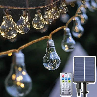 Image de Guirlande lumineuse LED solaire d'extérieur - 106 m - Alimentation USB/solaire - 8 modes - 4 niveaux de luminosité - 20 ampoules LED incassables - Éclairage de terrasse pour le jardin - Fête dans l'abri de jardin.