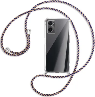 Produktbild von Handykette Backcover-Schutzhülle mit Band (Metall silberfarben) für Oppo A76 - blau+beige