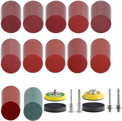 Produktbild von 240 Schleifpapier und 2 Schleifscheiben Pads 75mm, Schleifpad Set mit 4 Schaftadaptern und 2 Pufferpads, Polierpad für Bohrmaschine und Schleifmaschine, geeignet für Holz, Metall und Auto.